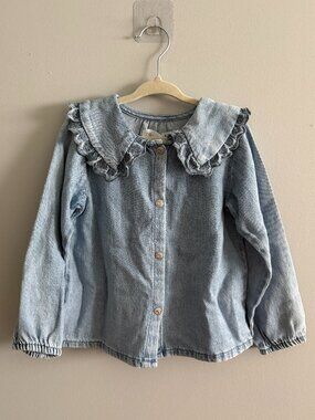 Zara Girls NWT Chambray Denim Blouse Ruffle Peter Pan Collar 2-3Y